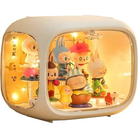 Justerbart belysningsdockor Popmart displayställ, transparent akryl displaybox med dörr för damm- och fuktbeständighet.