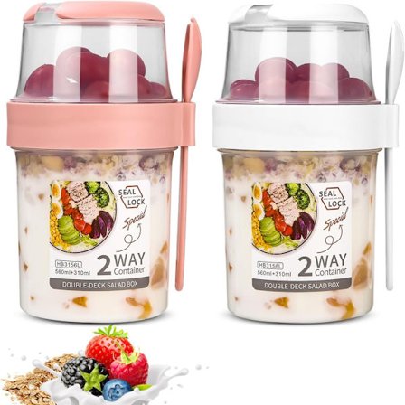 Bärbar Müsli Kopp - 310ml + 560ml Bärbar Yoghurt Kopp med Sked, Lämplig för Resor
