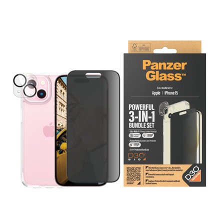 Panzer Privacy 3-in-1 Pack iPhone 15 PanzerGlass - High quality tempered glass screen protector