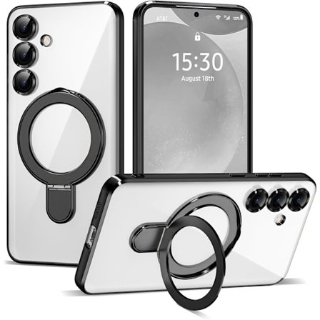 Samsung Galaxy S24 6.2 Cover med Magnetisk Ringstøtte [Kompatibel med Mag-Safe] [Fuld Kameralinsebeskyttelse] Belægning Klar Telefoncover