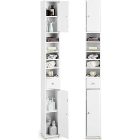 COSTWAY Badeværelse Kolonne Møbel 20 x 20 x 180 cm med 2 Skabe med Dør, 1 Skuffe og 5 Justerbare Hylder, Hvid