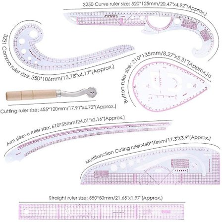 7 stk Sy-Linjal Kurve Metrisk Multifunksjon Klær Sy