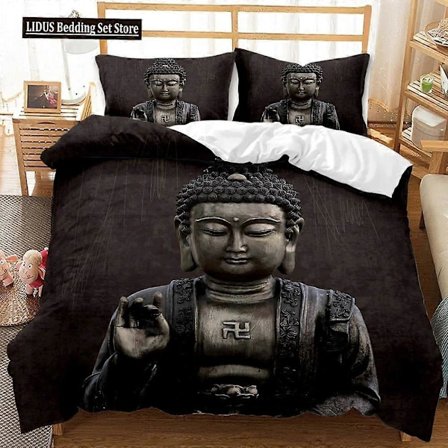 v1377 Sängkläder Buddha Påslakanset Exotisk Etnisk Bohemisk Gyllene Svart Lotusblommor Bäddset Dubbel Queen King Polyester Täcke Överdrag 3-Delar