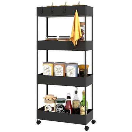 Pyörivä vaunu, 4-kerroksinen keittiön hylly, pyörällinen säilytysteline, jarrullinen keittiövaunu, keittiön tarjoiluvaunu, makuuhuone, olohuone, muovi