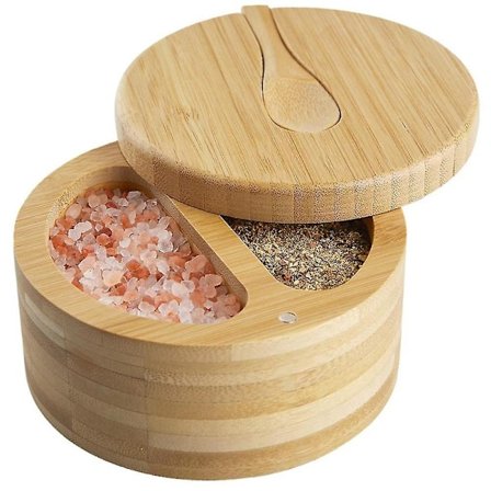 Kryddbox med svängbart lock, bambu saltkar med lock och sked, 2-facks salt- och pepparskålar, dubbla 170 g