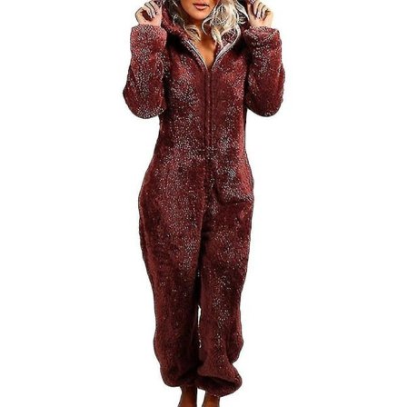 Dame Vinter Fluffy Fleece Hættetrøje All In One Jumpsuit - 1 Vinrød L