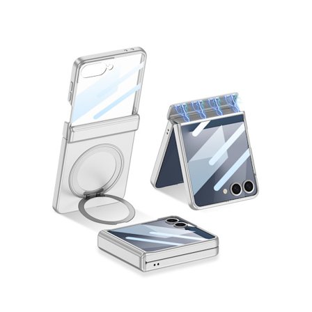 Samsung Z Flip 7 mobilskal, magnetiskt vikbart gångjärn, fulltäckande film, integrerat skal och roterande stativ (silver)