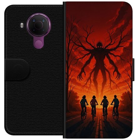 Yhteensopiva Lompakkokotelo Nokia Nokia 5.4 Tumma Stranger Things -inspiroima kauhukuvaus punaisilla taivaalla, hirviöhahmo ja pyöräilevät lapset