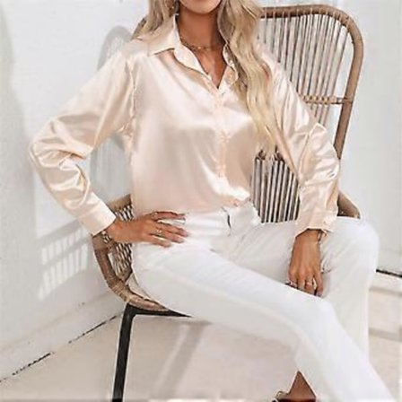 Forår Efterår Satin Bluse Imitation Silke Langærmet Skjorte til Dame Plus Size Løse Toppe (L champagne)