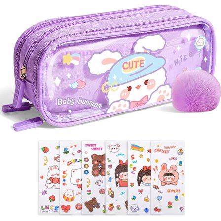 Söpö penaali, ihastuttava pupu, läpinäkyvä 3-kerroksinen suuri penaali, tarvikejärjestäjä ihanilla tarroilla