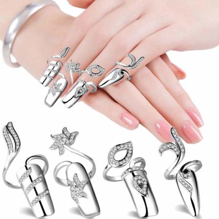 1 sett/ 4 stk Rhinestone Fingernail Ring Finger Tip Justerbar