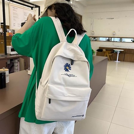 Rygsæk med høj kapacitet Ensfarvet Pige Skole tasker Til Teenage Skole taske Nylon Daisy Print taske(Hvid)