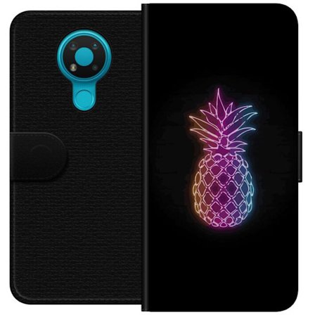 Kompatibelt Plånboksfodral till Nokia Nokia 3.4 Neonillustration av ananas i färgglatt ljus mot svart bakgrund