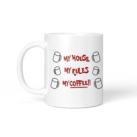 Mit hus, mine regler, min krus, knive, hvid kaffekrus, hjem, keramik, kontorkrus, 11oz