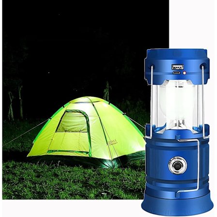 Blå solcelle/USB oppladbar LED-lykt, kraftig campinglys, 2 moduser bærbar hagelykt, 360° lommelykt hengende belysning med vanntett