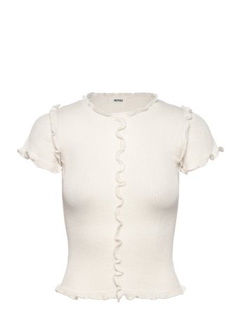 Monki Frill-Edge Ribbed Knitted Top - White - XXS