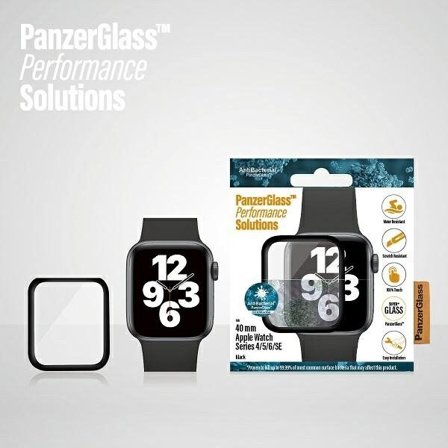 PanzerGlass Kaareva antibakteerinen karkaistu lasi Apple Watch 4/5/6/SE -kelloon - 40mm - musta
