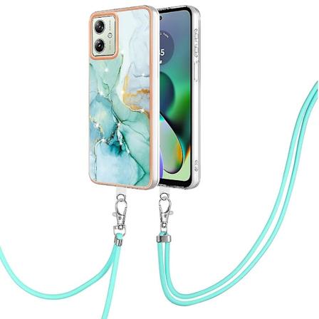 YB IMD Serie-9 til Motorola Moto G54 5G Etui IMD Marmor Mønster TPU Cover med Lanyard 003 Green