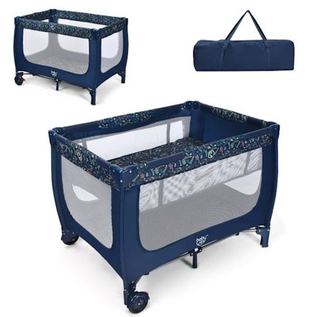 Lit Bébé 3 i 1 Fra fødslen til 3 år COSTWAY med madras, transporttaske - nem foldning - 2 hjul 15KG 125 x 65 x 76CM - Blå