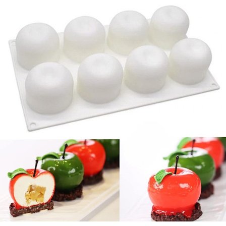 8-hulls silikonform formet som eple, 3D silikon bakeform for muffins, bakverk, dessert og mousse