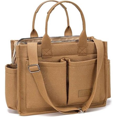 Stor Canvas Tote Bag for Kvinner med Lomme for Laptop, Skulderveske, Dagligveske for Arbeid, Strand, Trening (Khaki)