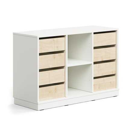 Student storage CASPER, 8 drawers, 2 compartments, base frame, white/birch