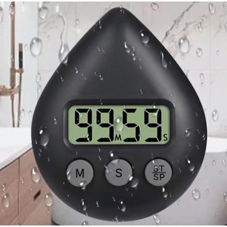 Vandtæt brusetimer, digital timer, badeværelses- og køkkentimer, nedtællingstimer med sugekopshul sort