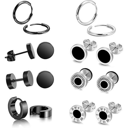 8 Par Svarta Herr Örhängen Stift, Rostfria Stål Örhängen för Män Set Coola Aretes Para Hombre Manliga Örhängen Kirurgiskt Stål Öronringar
