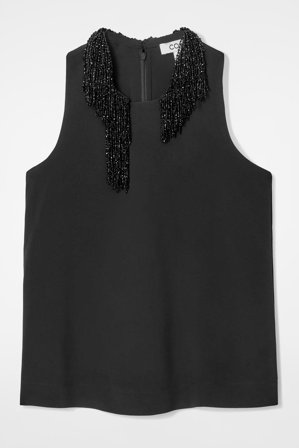 COS Women's Embellished Racer Neck Top in Black