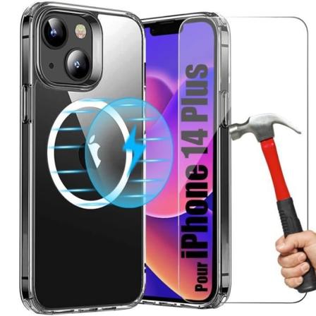 iPhone 14 Plus-fodral med cirkel för induktionsladdning + 2 härdade glasögon Transparent