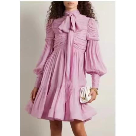 Retro stil klänning Chiffong volang lykta ärm Fiber Pläd Pink XL