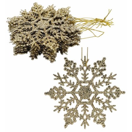 Sett med 12 glitter snøfnugg hengende ornamenter, 10 cm (4") - Juledekorasjoner (Gull)