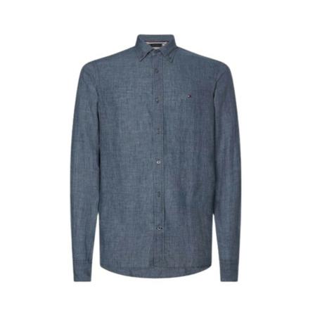 Linen shirt with long sleeves and small Tommy Hilfiger logo , Blauw , Heren , Maat: S