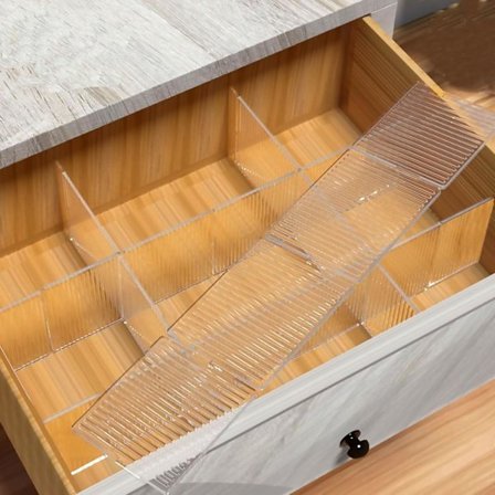 Sæt med 4 justerbare skuffeinddelere, hvide og transparente, til garderobe, undertøj, sokker, kontororganisator