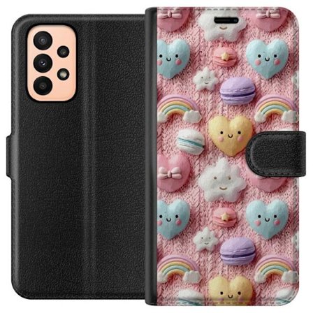 Yhteensopiva Lompakkokotelo Samsung Galaxy A23 Pastellimotiiivi sydämillä, pilvillä, sateenkaarilla ja makaronseilla vaaleanpunaisella taustalla suloi