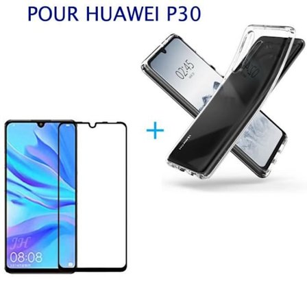 Beskyttelsesudstyr - Huawei - P30 - Sort hærdet glasfilm - Silikone cover - Total beskyttelse