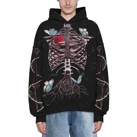 Damer Skull Print Pullover Color Block Hooded Tops