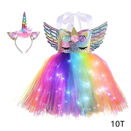 Børnelysende Enhjørning Kostume Børn Farverige LED Lys Paljetter Fødselsdagsfest Kjole Skinnende Prinsesse Cosplay Kjole