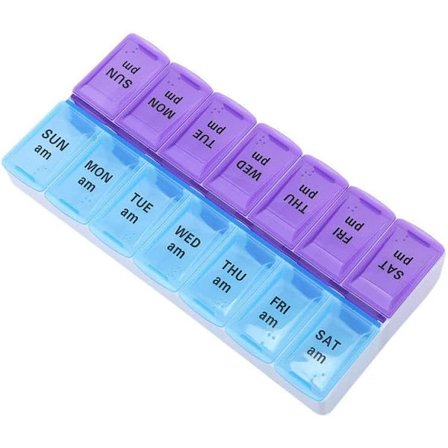 Ugentlig pilleæske, 7-dages pilleæske, pillebeholder (blå og lilla)