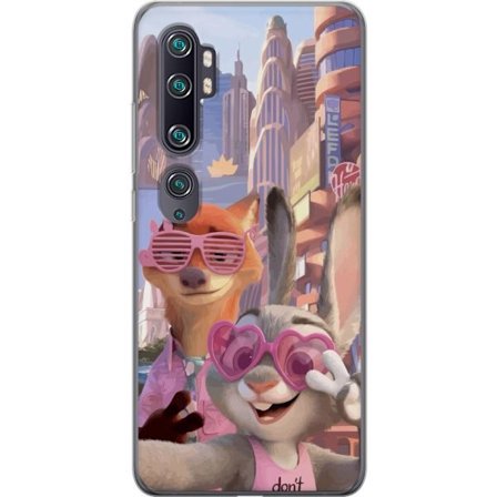 Yhteensopiva Puhelinkuori Xiaomi Xiaomi Mi Note 10 Animoituja eläimiä aurinkoisessa kaupunkiympäristössä, joilla on pinkit aurinkolasit ja positi