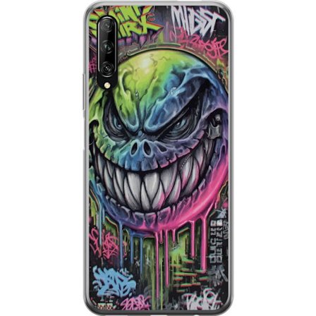 Kompatibelt Mobildeksel til Huawei P smart Pro 2019 Fargerik graffitiillustrasjon av et ondskapsfullt smilende monsteransikt med dryppende neonfarge