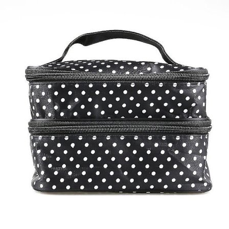 Handheld Women's Girls Polka Dotted Two-layer Cosmetic Makeup Bag Zipper Pouch Toiletry Bag Organizer (black)