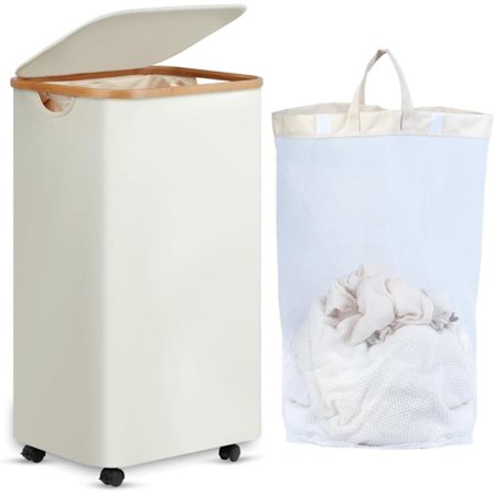 Vaskekurv på hjul 100L – Smal vaskekurv med lokk, bambushåndtak & avtakbar sekk_TF_TF