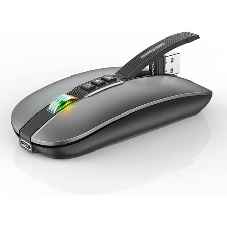 Bluetooth-mus för Laptop, Slank Tyst Trådlös Resemus, USB-C Laddningsbar, 2400 DPI Dubbelläge med USB-mottagare
