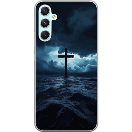 Samsung Galaxy A34 Gennemsigtig cover Kors i stormfuldt hav dramatisk kristen himmel mørke bølger religiøs kunst tro kors hav himmel åndelig tapet