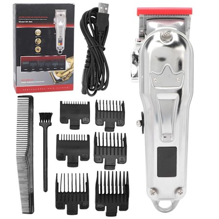 Sølvfarvet genopladelig trådløs hårklipper med USB og LCD-display, justerbar trimmer til mænd, hjemmesalon, inklusive afstandskamme
