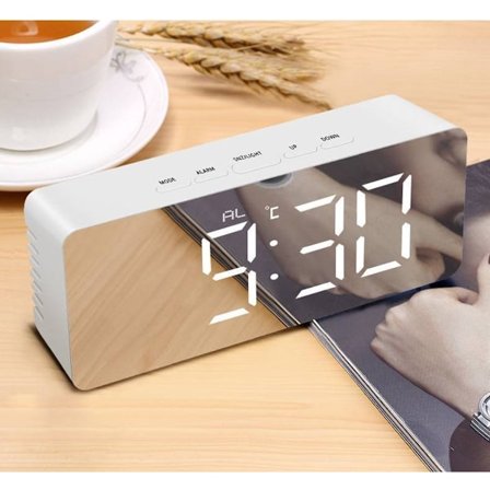 Digitalt vækkeur med spejl display - LED vækkeur med dæmpningsfunktion, USB-opladning, temperaturvisning og snooze-funktion
