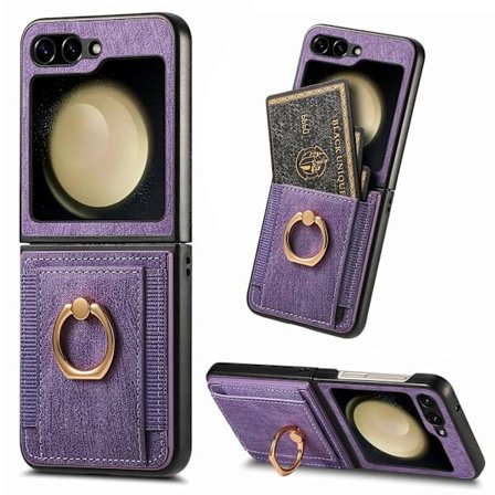 Etui til Samsung Galaxy Z Flip 6 med kortholder, innebygd roterende ringstativ (lilla)