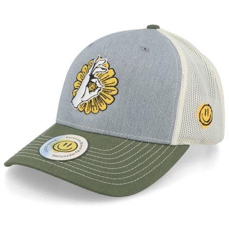 Lucid Smile - Grå trucker Kasket - Flower Smile Army Olive Trucker @ Hatstore