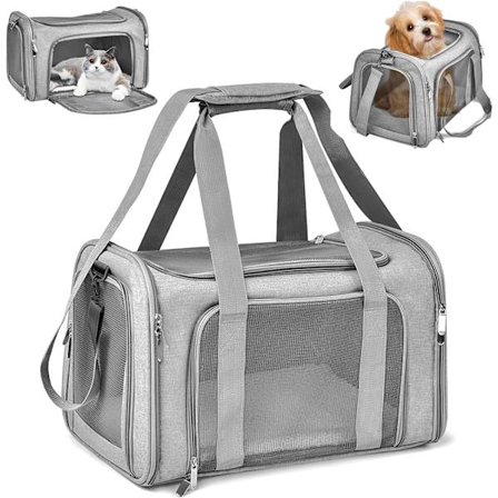 Sammenleggbar og pustende utendørs bag for katt, hundebur med myk madrass, tog-/bilreise (grå, 45x30x30 cm)